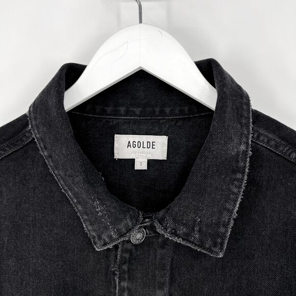 AGOLDE Shrunken Charli Black Denim Jacket Jagged Raw Hem Distressed Size Small - Picture 4 of 6